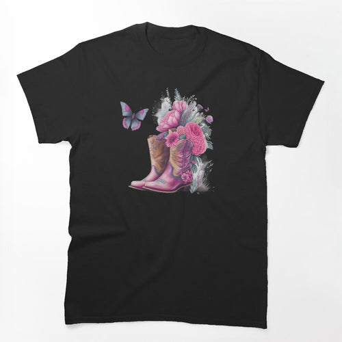 Pink Cowgirl Boots With Flowers And Butterflies Shirt