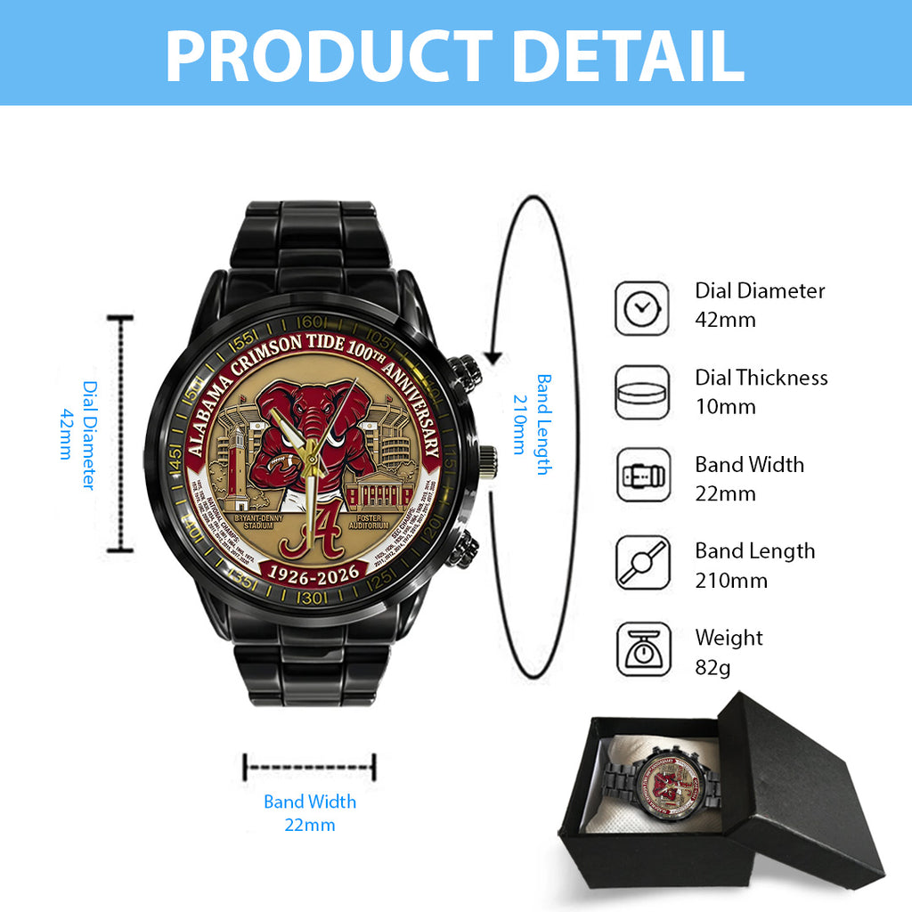 Alabama Crimson Tide Football 100th Anniversary 2026 Black Stainless Steel Watch – TANTN21313