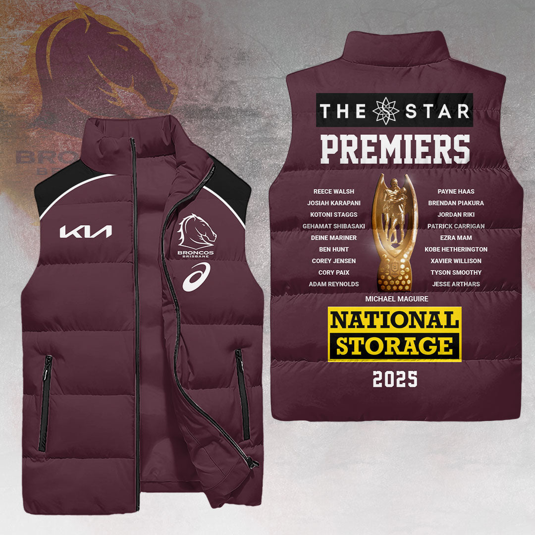 Brisbane Broncos 2025 NRL Premiers 3D Sleeveless Down Jacket – HOATT14019