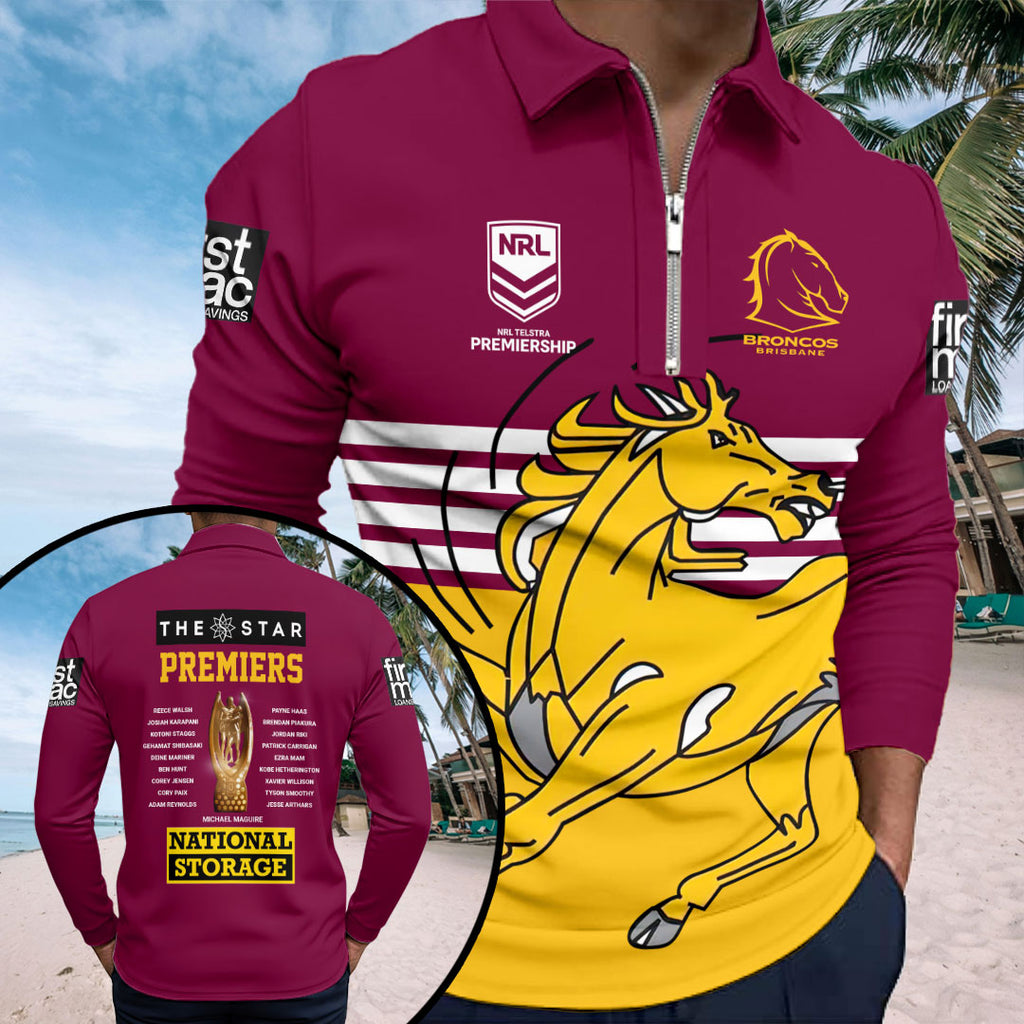 Brisbane Broncos 2025 NRL Premiers Zip Polo Shirt – HOATT15879