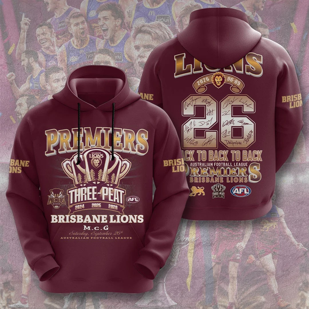 Brisbane Lions Threepeat Premiers 3D Apparel – TMTHU9627