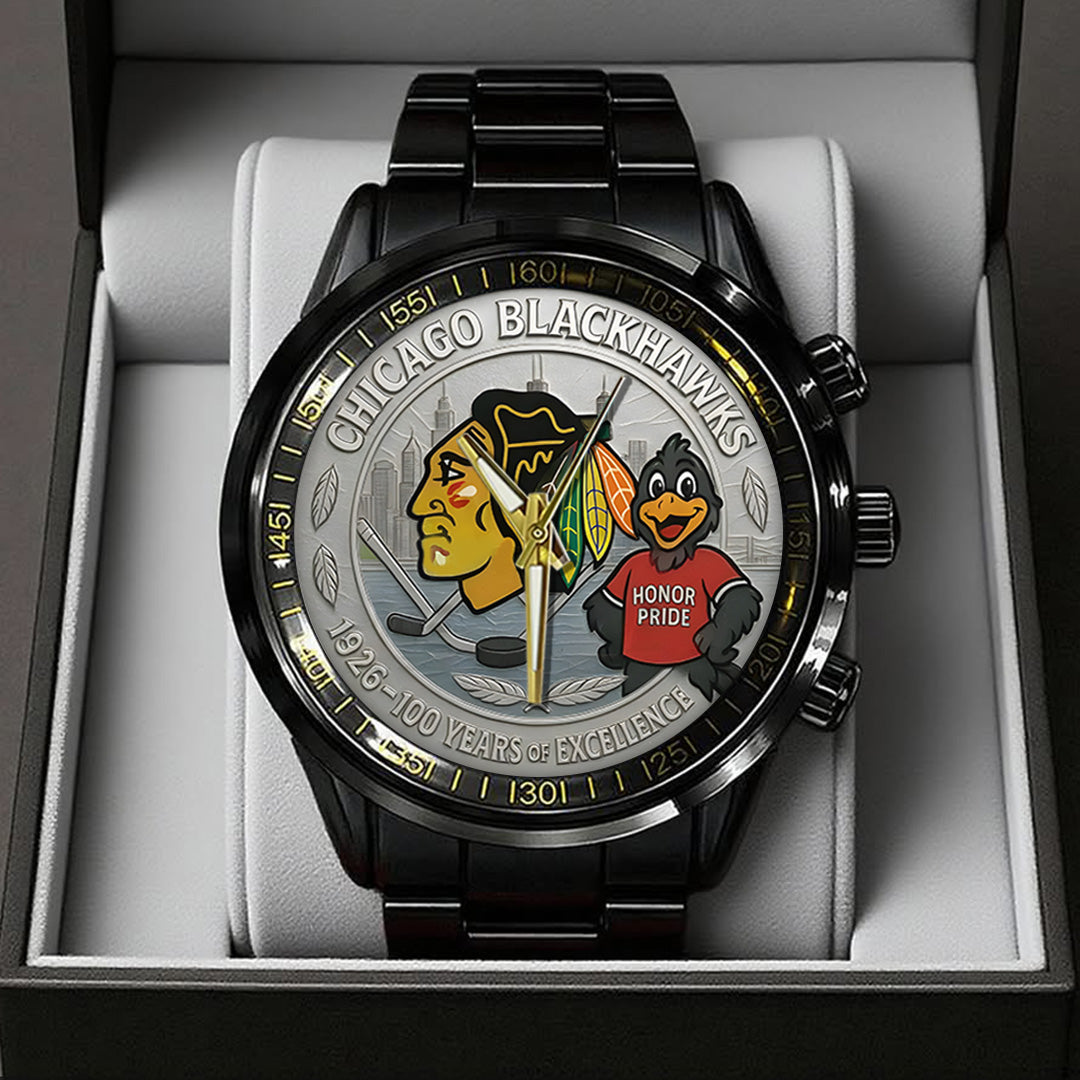 Chicago Blackhawks 100th Anniversary 2026 Black Stainless Steel Watch – TANTN16099