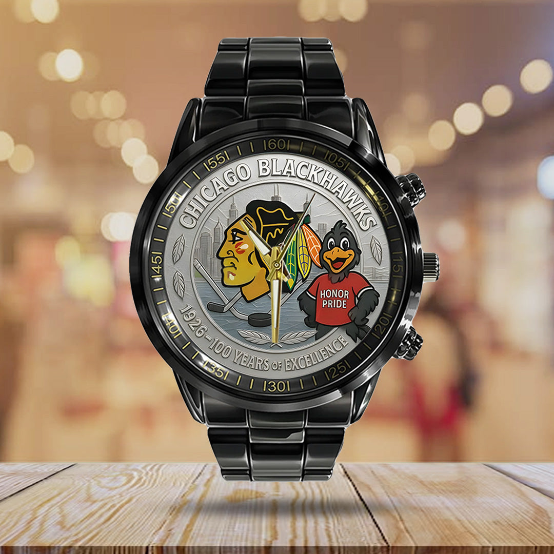 Chicago Blackhawks 100th Anniversary 2026 Black Stainless Steel Watch – TANTN16099