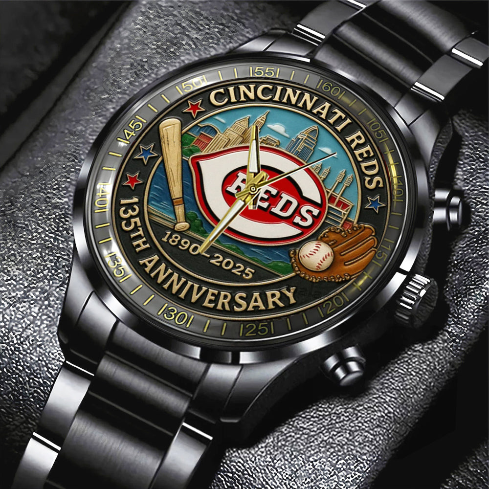 Cincinnati Reds 135th Anniversary 2025 Black Stainless Steel Watch – TANTN17068