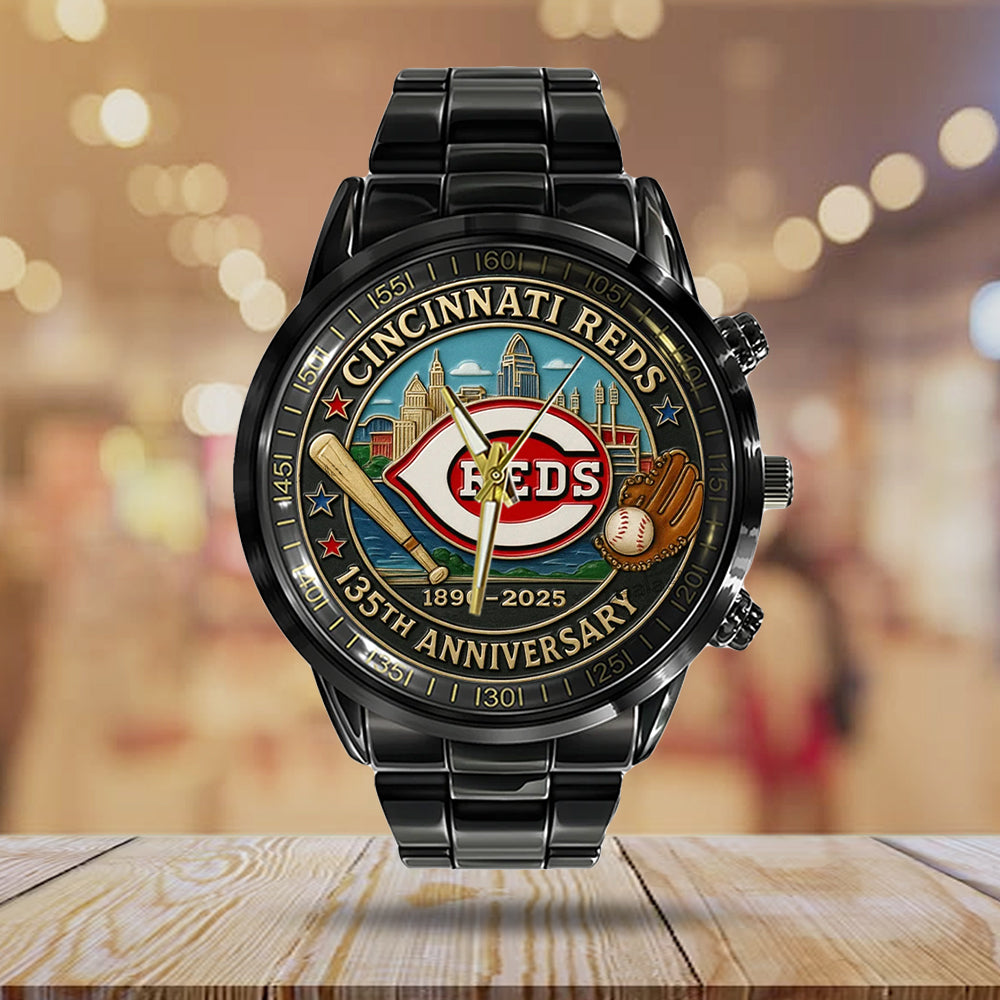 Cincinnati Reds 135th Anniversary 2025 Black Stainless Steel Watch – TANTN17068
