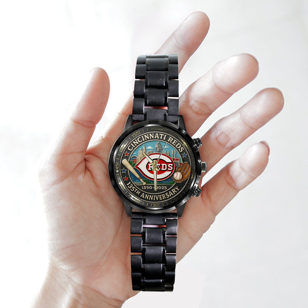 Cincinnati Reds 135th Anniversary 2025 Black Stainless Steel Watch – TANTN17068