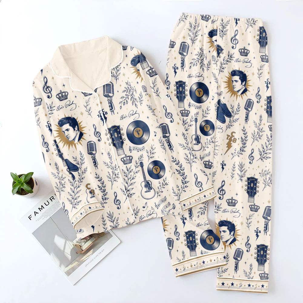 Elvis Presley Satin Pajama Set with Piping – TMTHU9111