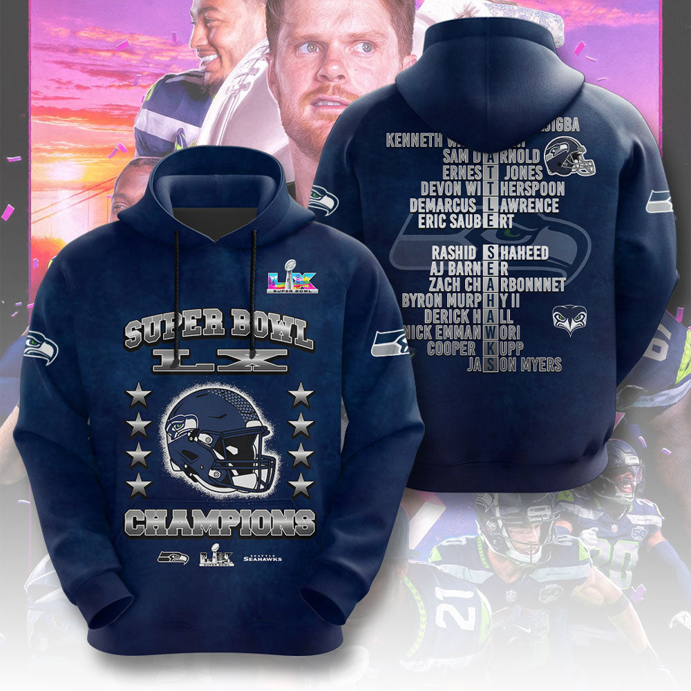 Seattle Seahawks 2025 Super Bowl LX Champions 3D Apparel – TMTHU3873