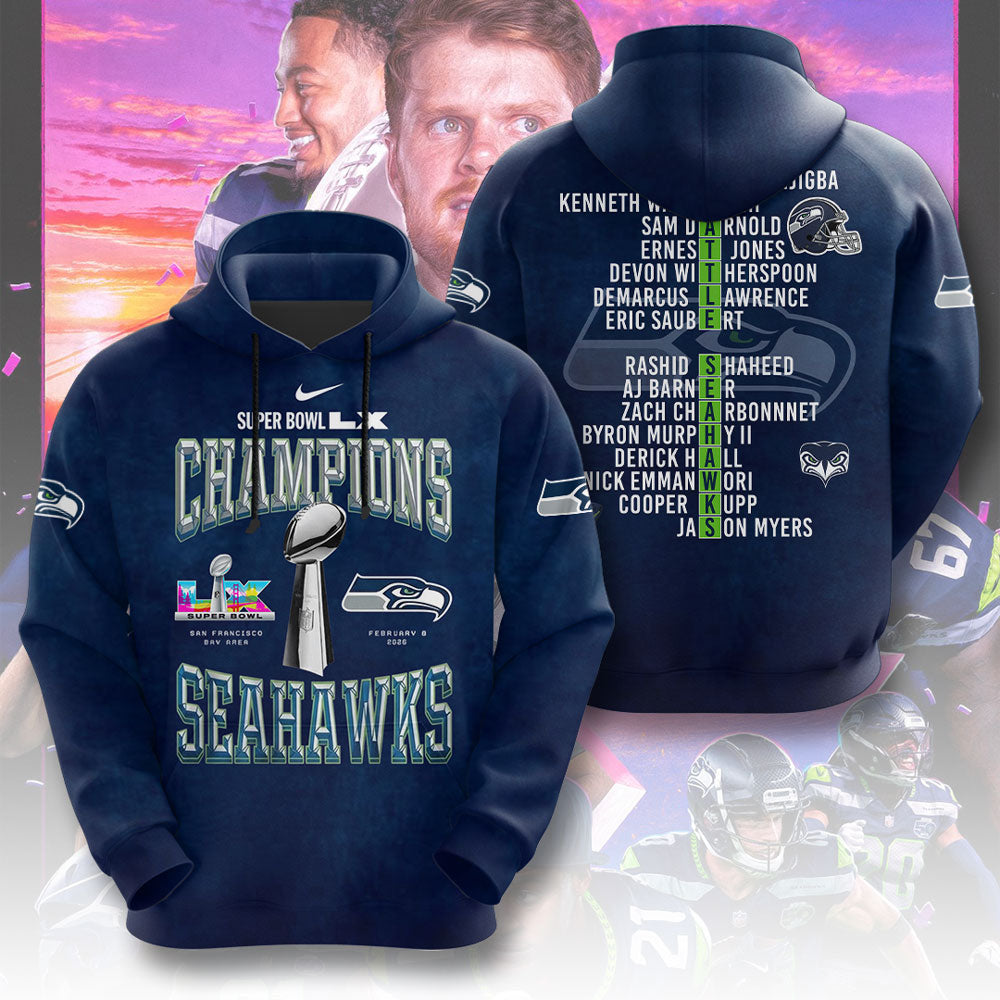 Seattle Seahawks 2025 Super Bowl LX Champions 3D Apparel – TMTHU3882