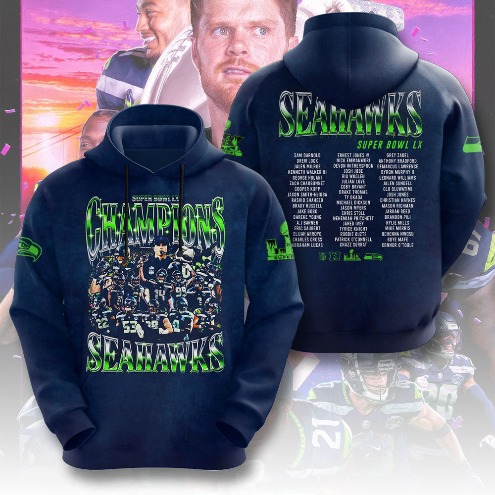 Seattle Seahawks 2025 Super Bowl LX Champions 3D Apparel – TMTHU3981