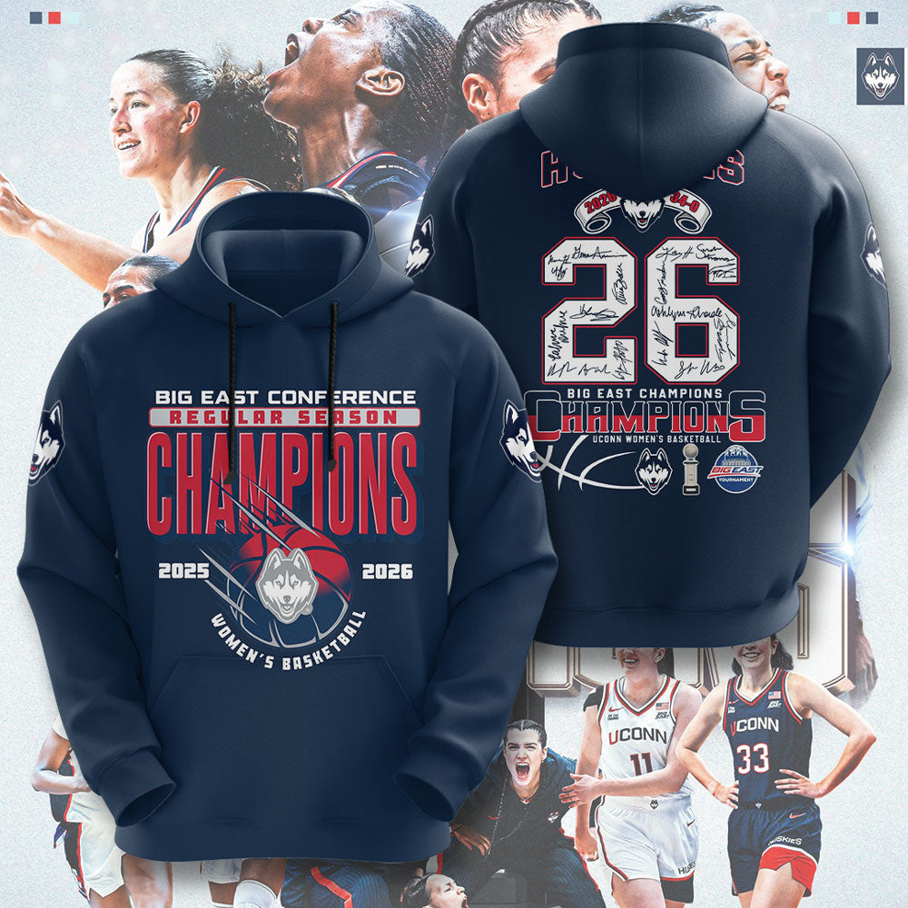 UConn Huskies Women's Basketball 2026 Big East Champions 3D Apparel – TMTHU4333