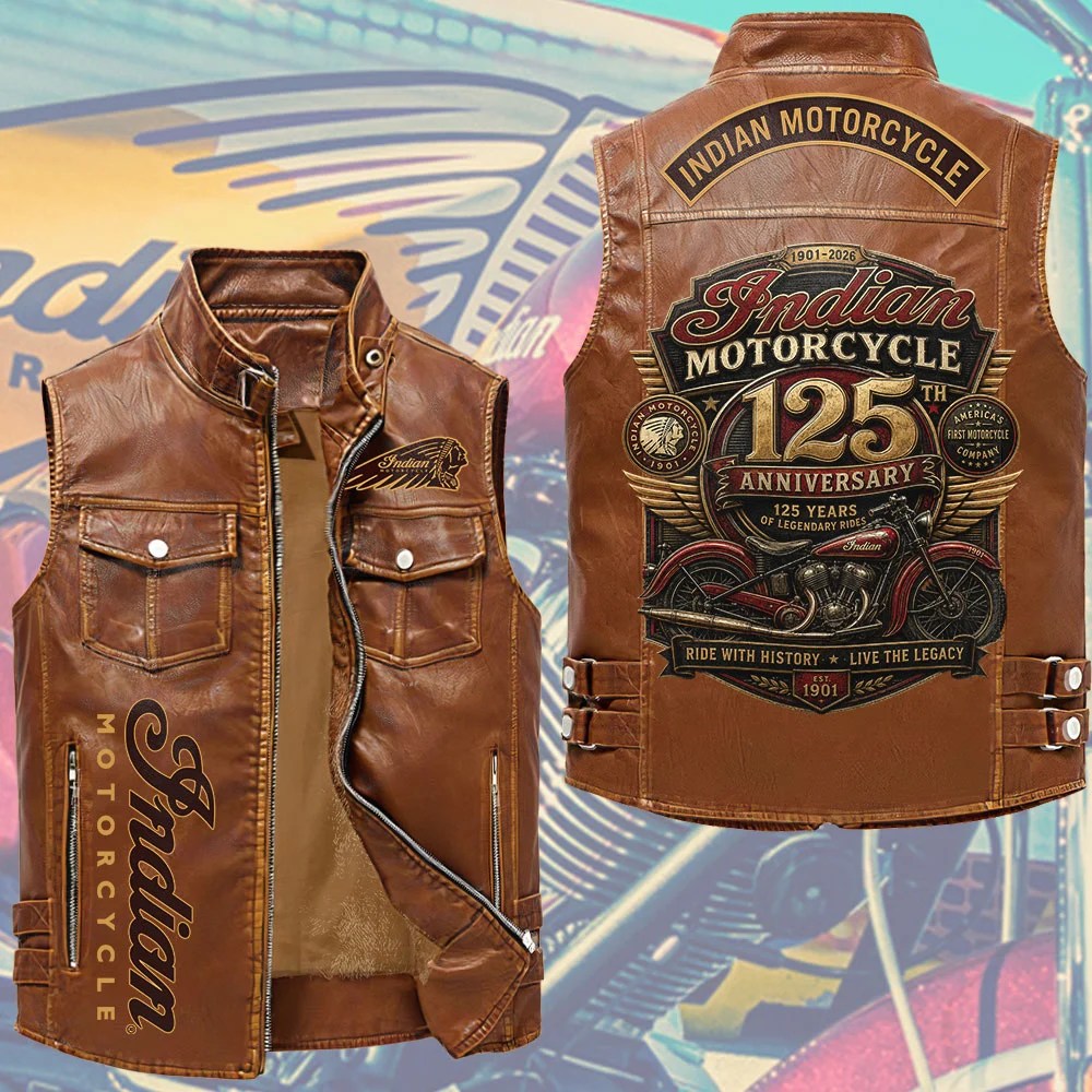 Indian Motorcycle 125th Anniversary Premium 2D Sleeveless Leather Vest – TMTHU8760