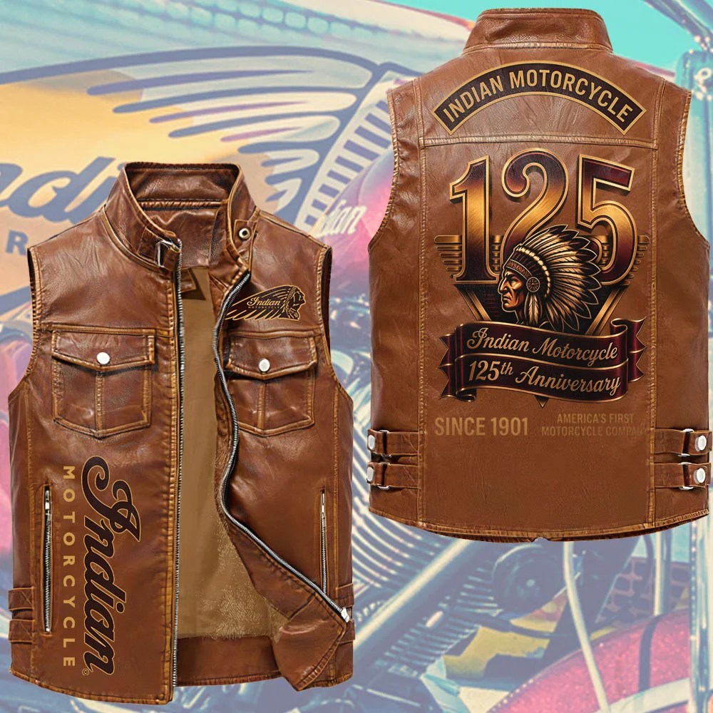 Indian Motorcycle 125th Anniversary Premium 2D Sleeveless Leather Vest – TMTHU8830