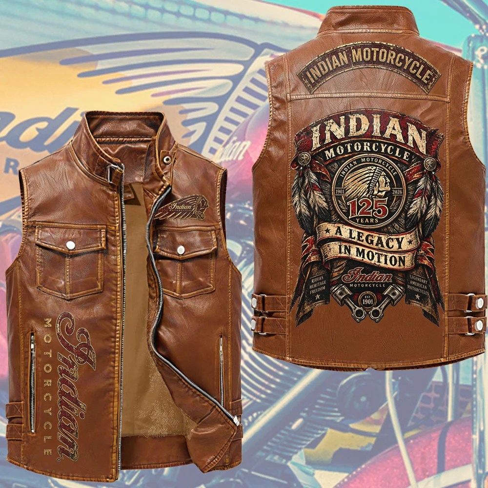 Indian Motorcycle 125th Anniversary Premium 2D Sleeveless Leather Vest – TMTHU9438