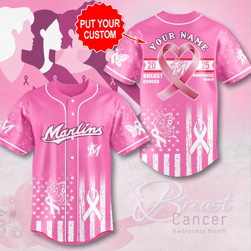 Personalized Miami Marlins x Breast Cancer Awareness 2025 Baseball Jersey – MAITM13028