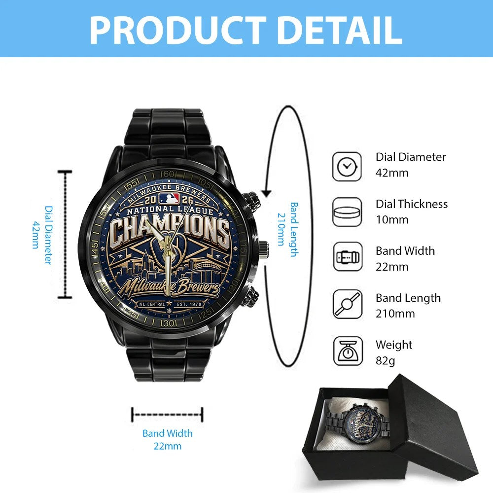 Milwaukee Brewers 2026 National League Champions Black Stainless Steel Watch – TMTHU10126