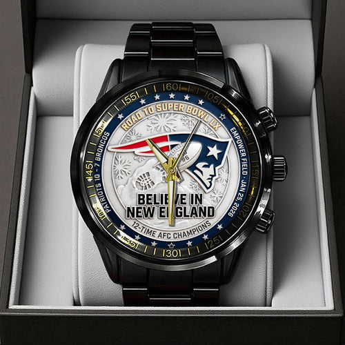 New England Patriots 2025 AFC Champions Black Stainless Steel Watch – TANTN20685