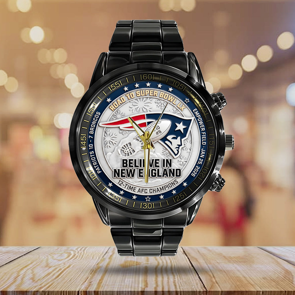 New England Patriots 2025 AFC Champions Black Stainless Steel Watch – TANTN20685
