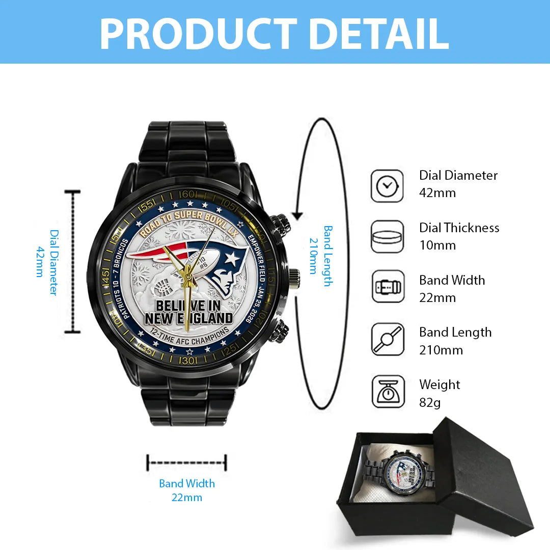 New England Patriots 2025 AFC Champions Black Stainless Steel Watch – TANTN20685