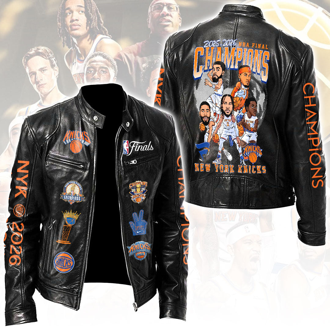 New York Knicks 2026 NBA Finals Champions Motorcycle Leather Jacket – HOATT19543