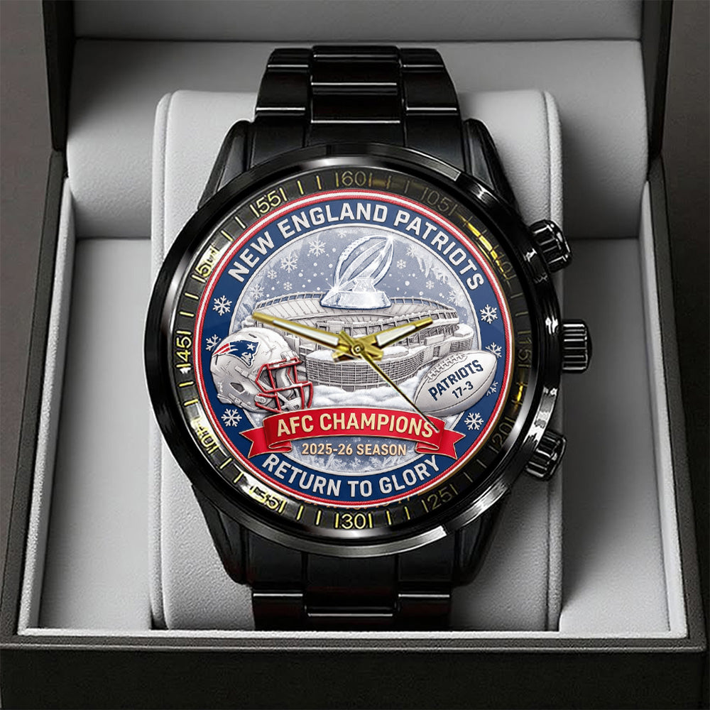 New England Patriots 2025 AFC Champions Black Stainless Steel Watch – TANTN20687