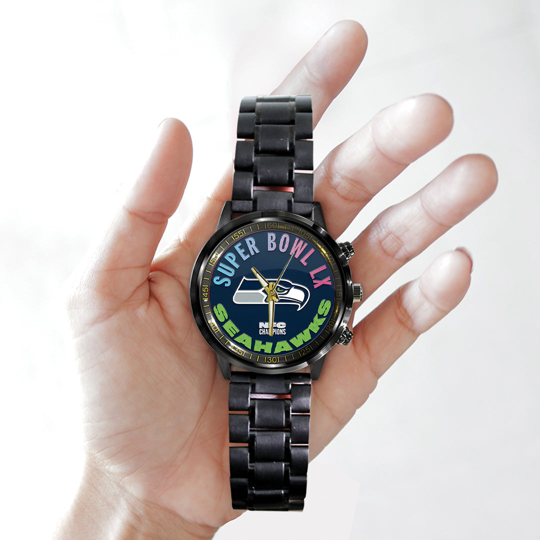 Seattle Seahawks 2025 NFC Champions Black Stainless Steel Watch – TANTN20639