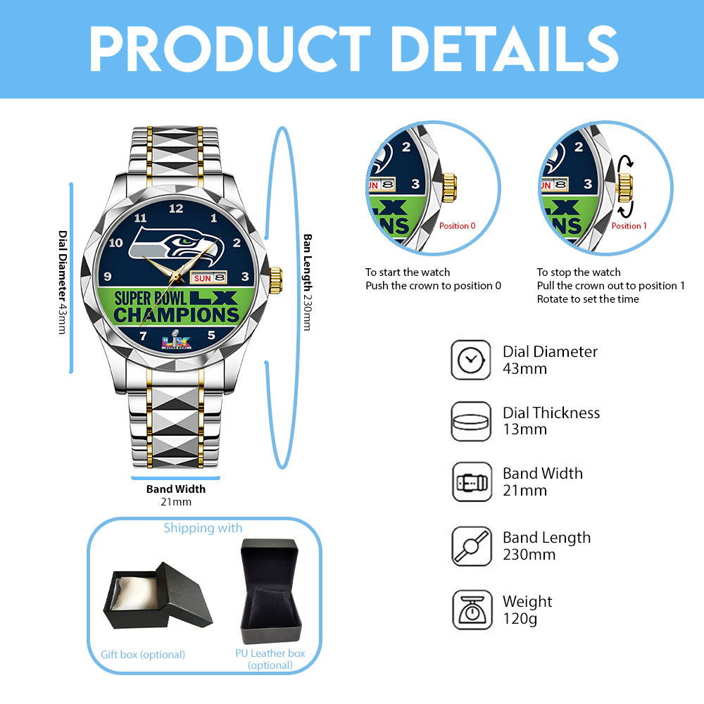 Seattle Seahawks 2025 Super Bowl LX Champions Alloy Luxury Quartz Watch – TANTN20989