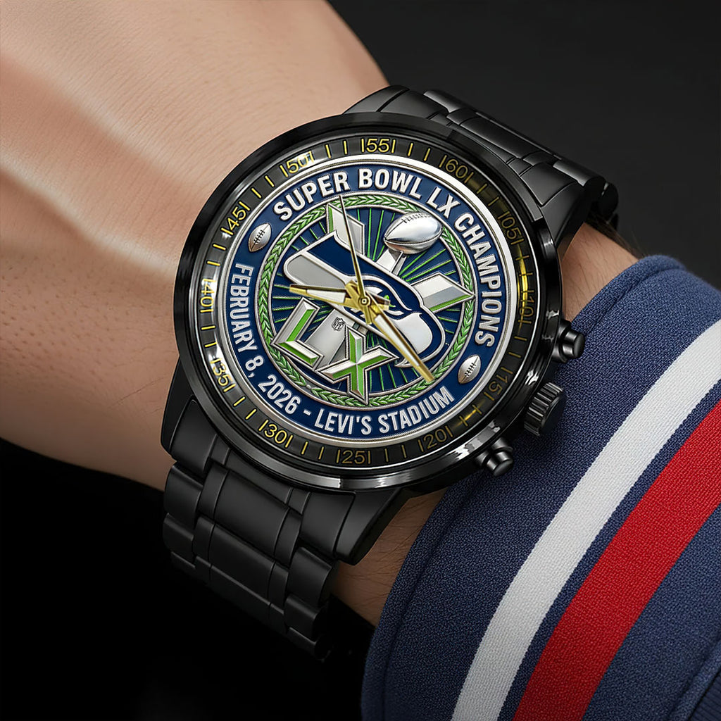 Seattle Seahawks 2025 Super Bowl LX Champions Black Stainless Steel Watch – HOATT16156