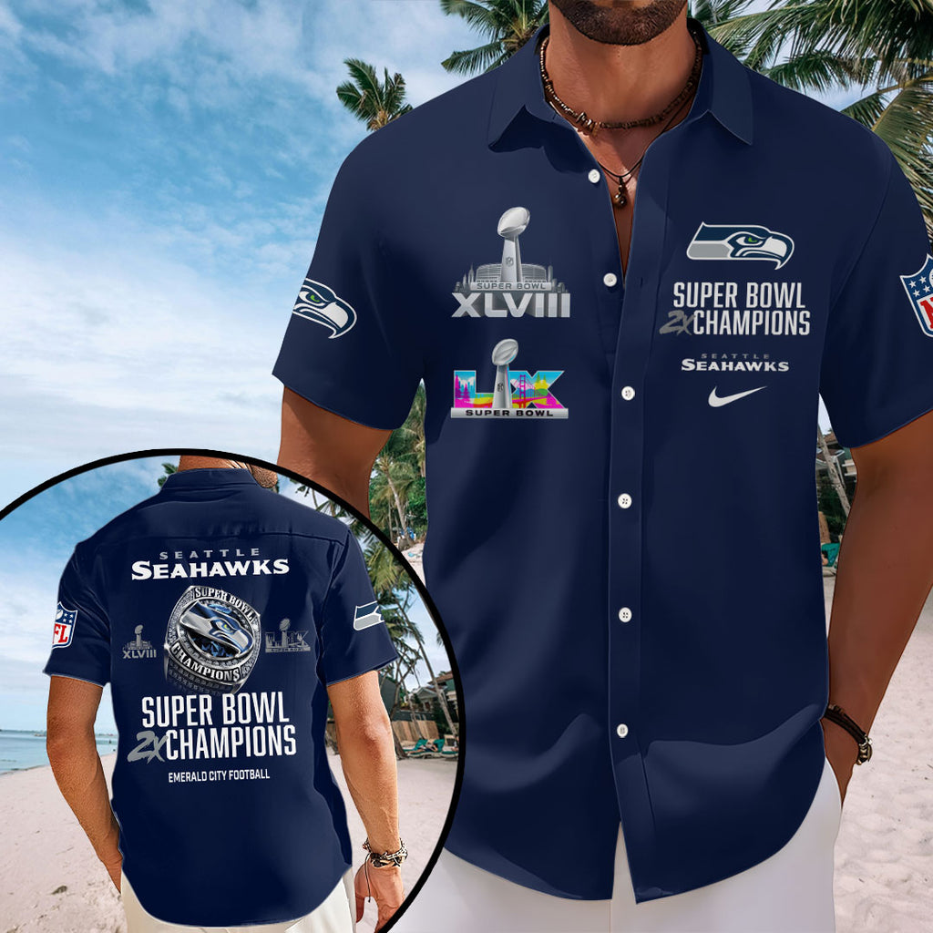 Seattle Seahawks 2025 Super Bowl LX Champions Short Sleeve Button-Down Shirt – HOATT16279