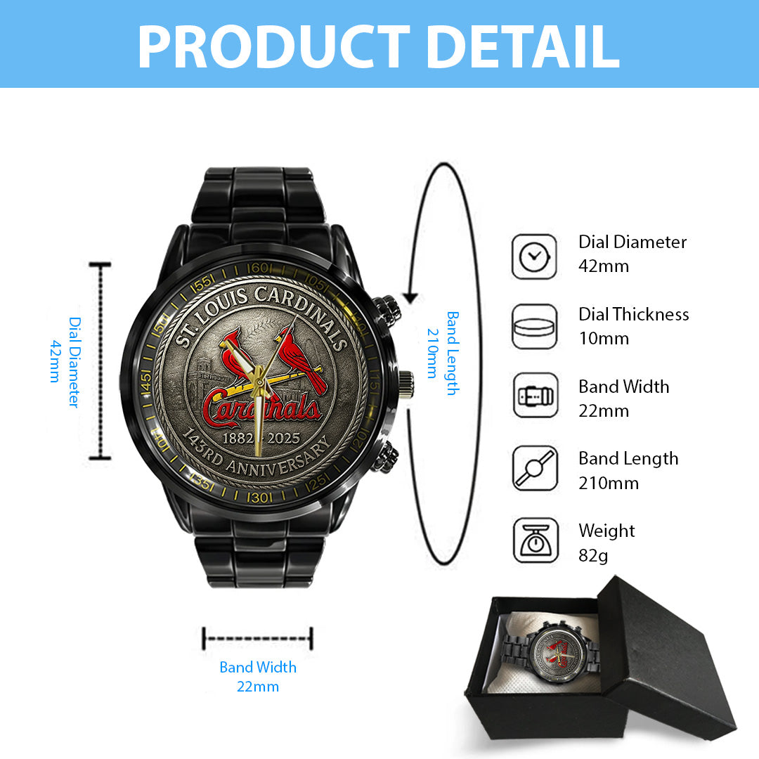 St. Louis Cardinals 143rd Anniversary 2025 Black Stainless Steel Watch – TANTN16201