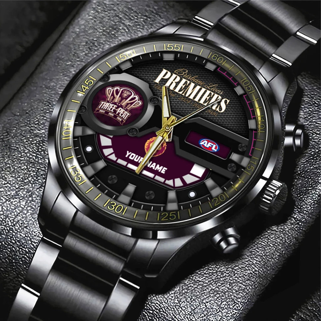 Personalized Brisbane Lions 2026 AFL Premiers Black Stainless Steel Watch – TANTN25850