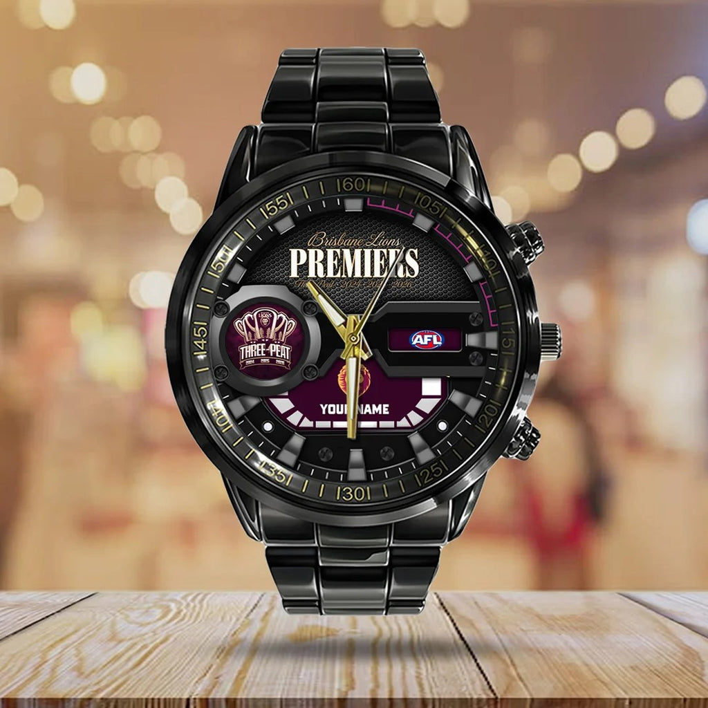 Personalized Brisbane Lions 2026 AFL Premiers Black Stainless Steel Watch – TANTN25850