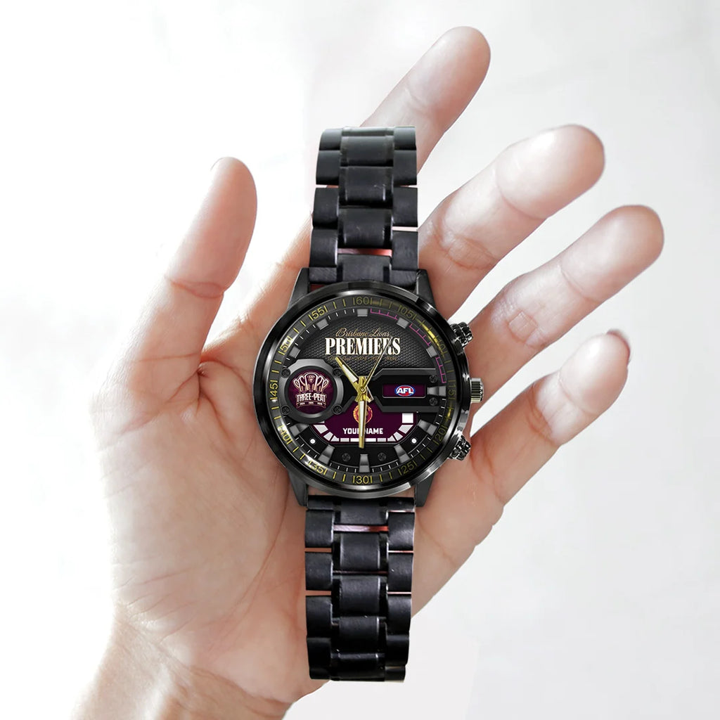 Personalized Brisbane Lions 2026 AFL Premiers Black Stainless Steel Watch – TANTN25850