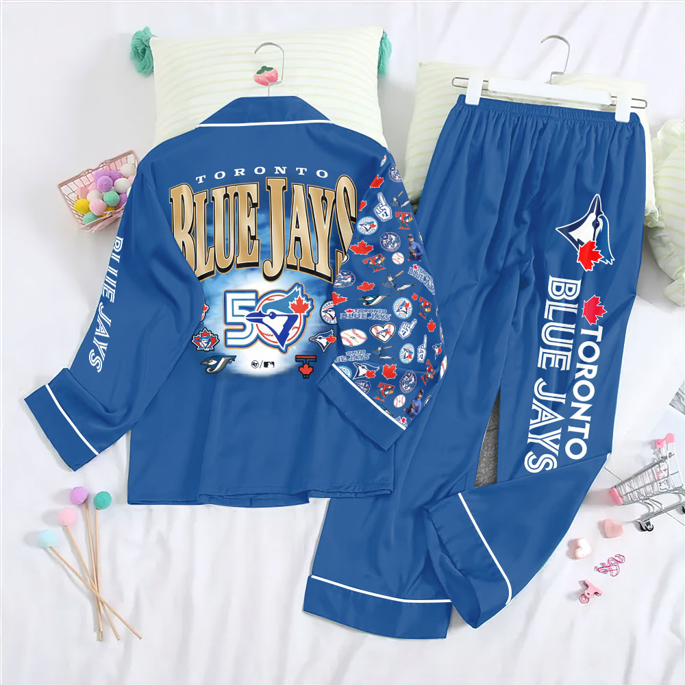 Toronto Blue Jays 50th Anniversary Satin Pajama Set with Piping – TANTN22275
