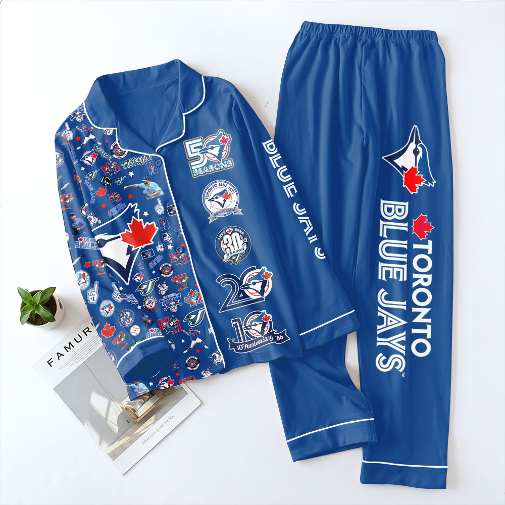 Toronto Blue Jays 50th Anniversary Satin Pajama Set with Piping – TANTN22275