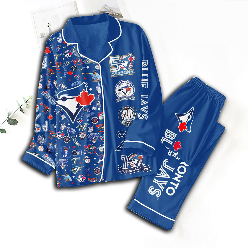 Toronto Blue Jays 50th Anniversary Satin Pajama Set with Piping – TANTN22275