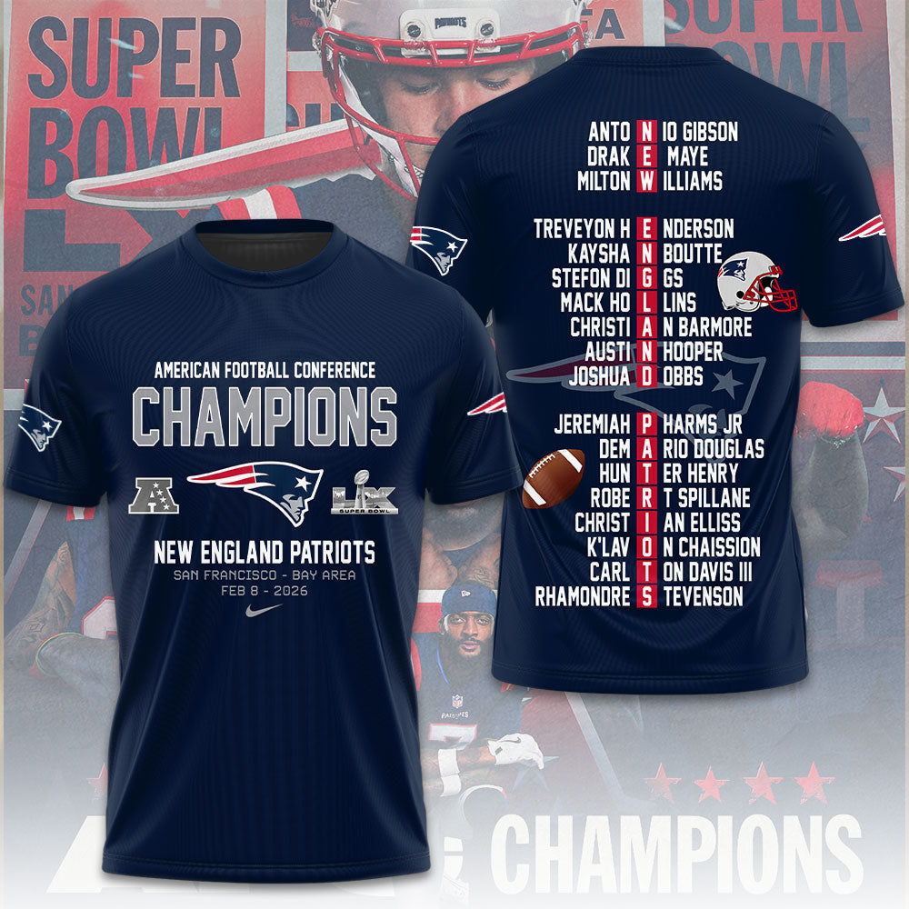 New England Patriots 2025 AFC Champions 3D Apparel – TMTHU3451