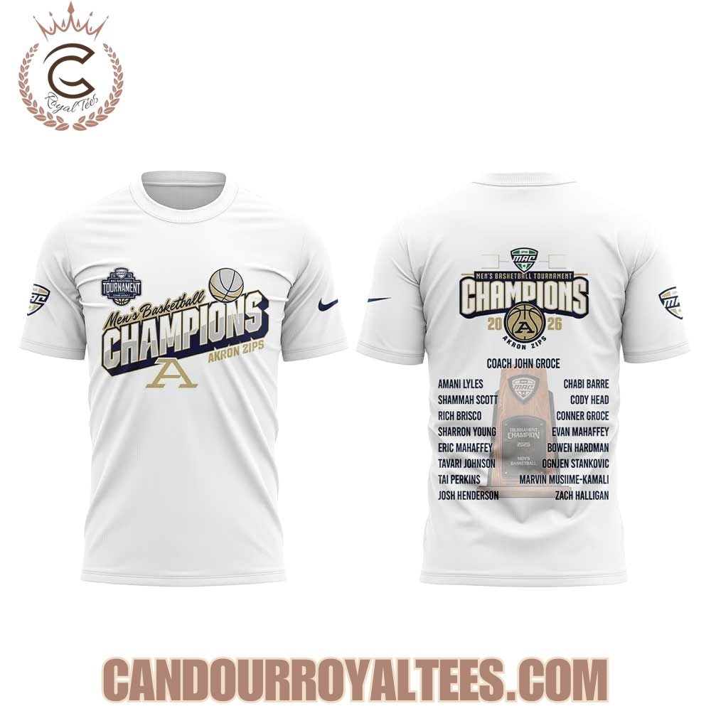 Akron Zips Men’s Basketball 2026 MAC Men’s Basketball Tournament Champions White Shirt