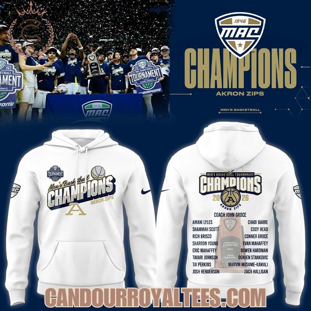 Akron Zips Men’s Basketball 2026 MAC Men’s Basketball Tournament Champions White Shirt