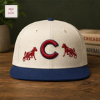 Chicago Cubs Horse Racing Logo Cream Navy Flat Brim Baseball Cap