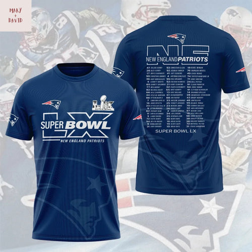 New England Patriots Super Bowl LX 2026 Blue 3D T-Shirt