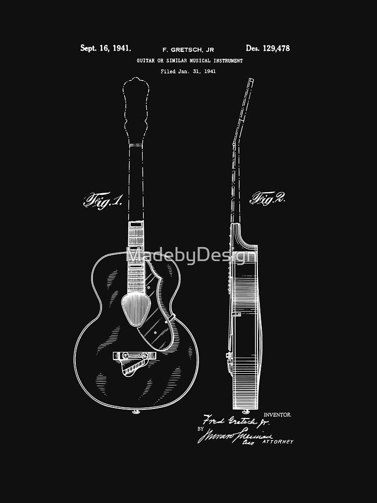 Acoustic Guitar 1941 Patent Drawing Shirt