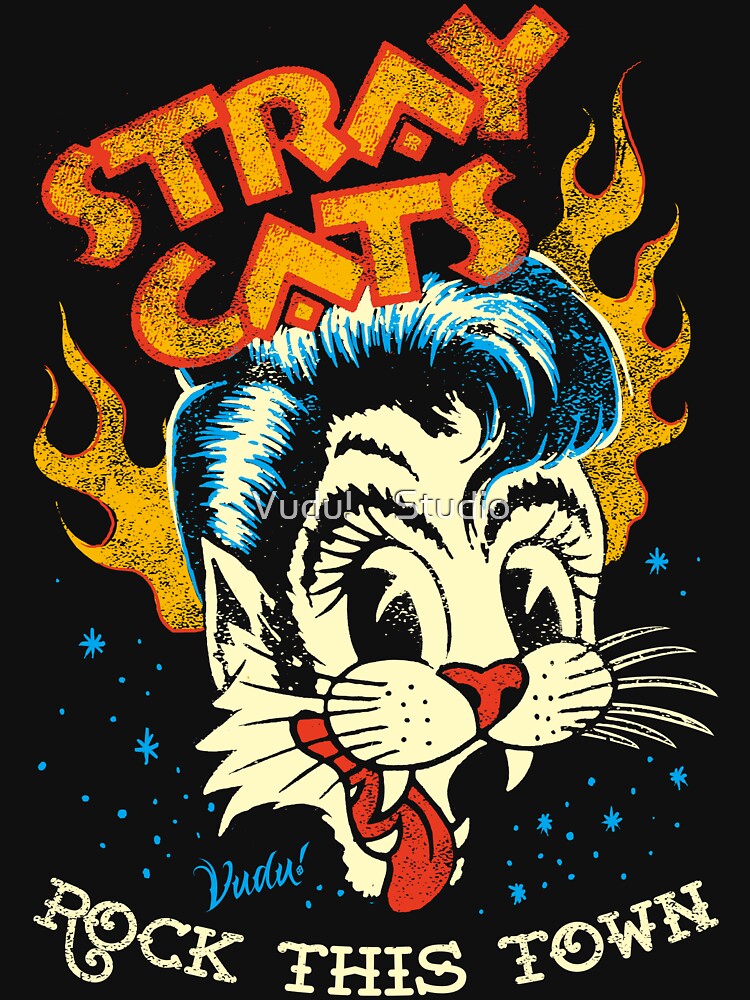 Retro Feline Rocker In Vintage Style Black Shirt