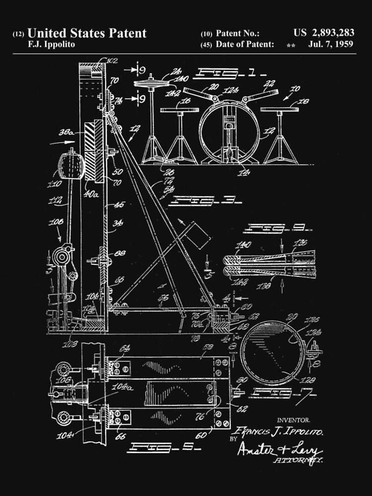 Drummer - Retro Drum Set Patent Drawing Shirt