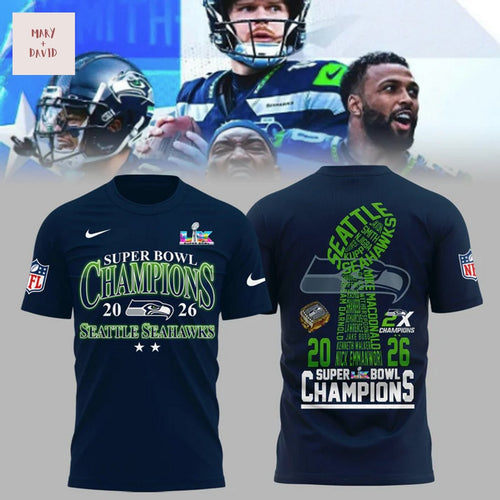 Seattle Seahawks 2026 Super Bowl LX 2X Champions 3D T-Shirt