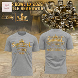 Seattle Seahawks Champions Super Bowl LX Grey 2026 3D T-Shirt