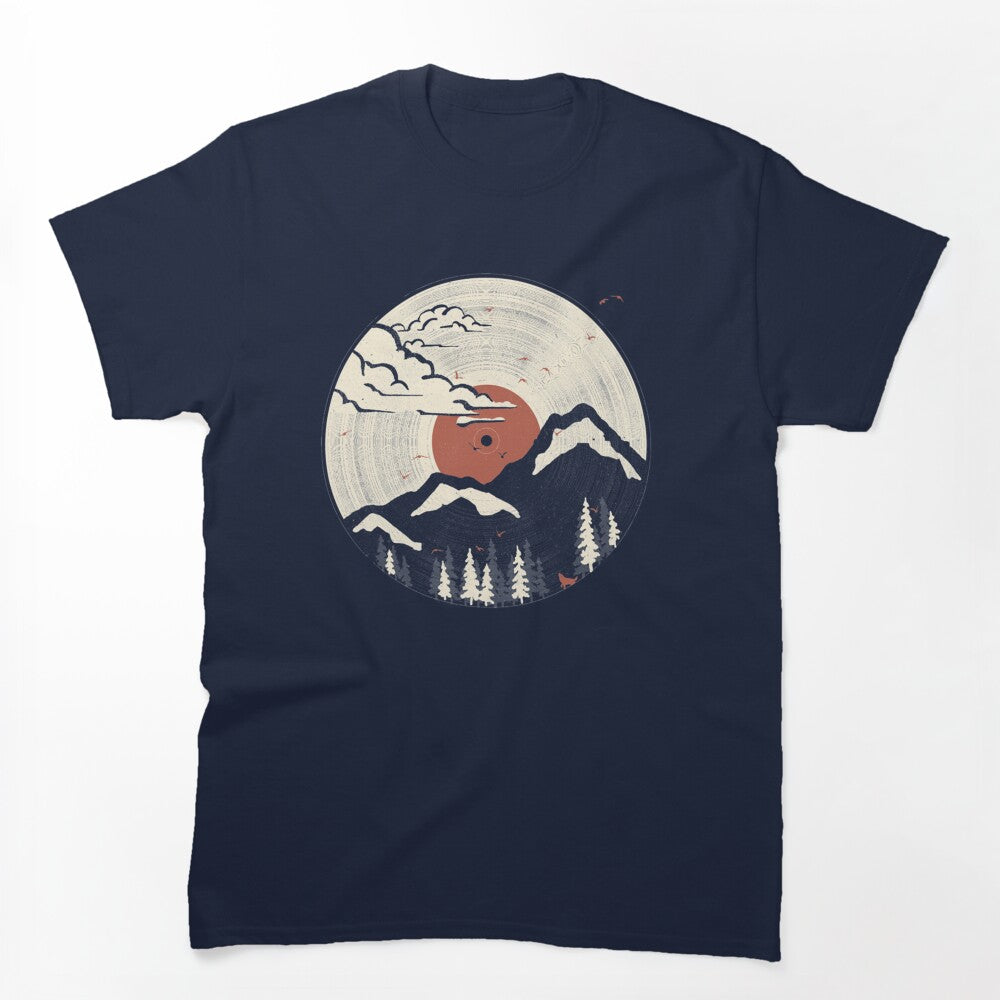 Retro Vinyl Record Mountain Sunset Forest Shirt