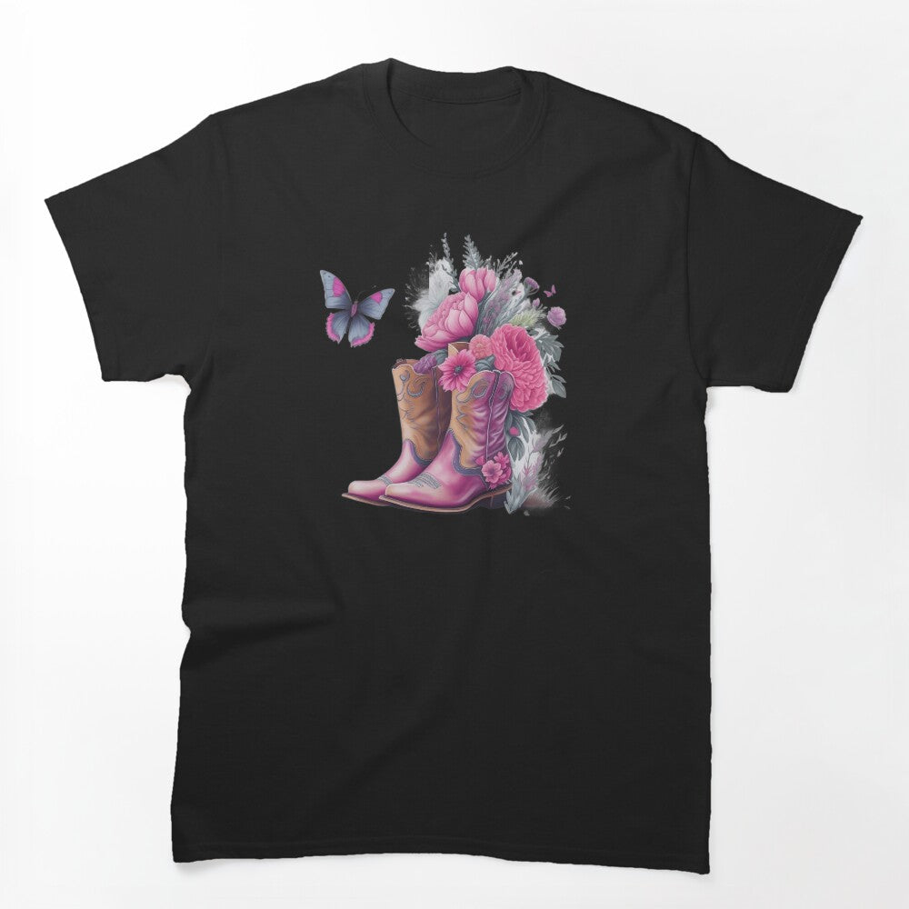 Pink Cowgirl Boots With Flowers And Butterflies Shirt