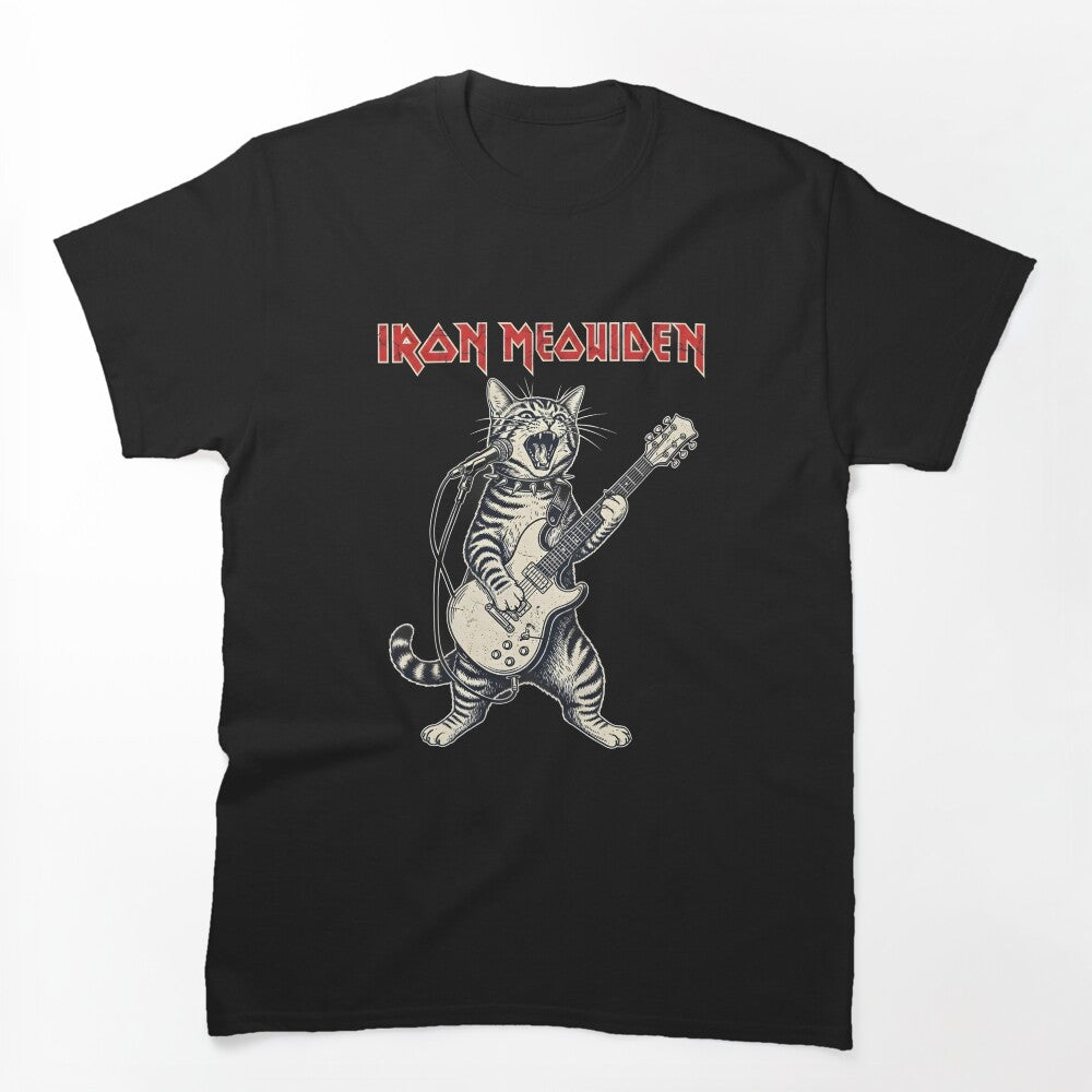 A Heavy Metal Cat Rocks Out On Guitar And Vocals In An Iron Meowiden Shirt