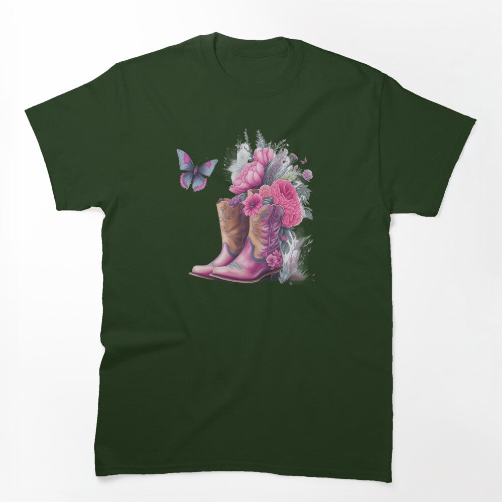Pink Cowgirl Boots With Flowers And Butterflies Shirt